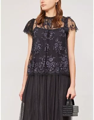 £150 Needle And Thread Ashley Floral-embroidered Tulle Top Black Blouse Size 8 • £49