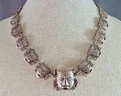Fab Vintage Mexico Detailed Mayan Mask Necklace Sterling Silver Artist Signed • $169.75
