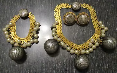 Vintage Couture Runway Statement Drop Pearl Gold Necklace Bracelet + Parure Set • $100