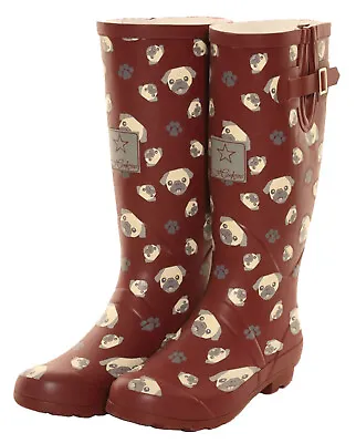 £27.99 • Buy Ladies Pug Print Matt Wellies Slip On Wellington Boots Sizes 4 To 8