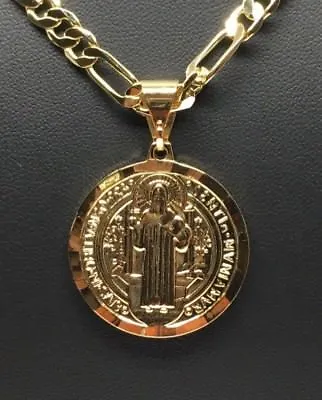 Gold Plated Saint Benedict Medal Pendant Necklace 26  Gold Plated Figaro Chain • $15.99