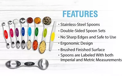 7 Multi-Colored Magnetic Measuring Spoons - Stainless-Steel Teaspoon W/ Leveler • $10.95