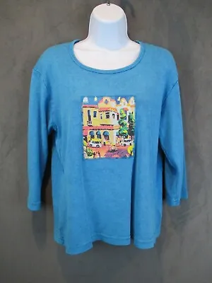 Michael Leu Collection T Shirt Womens XS Blue Art To Wear Tuscan 3/4 Sleeve USA • $7.98
