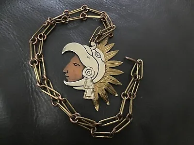 $79 • Buy Vintage Mexico Aztec Mayan Warrior Face Necklace Brass Bronze Copper Silvertone