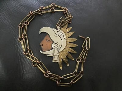 $79 • Buy Vintage Mexico Aztec Mayan Warrior Face Necklace Brass Bronze Copper Silvertone