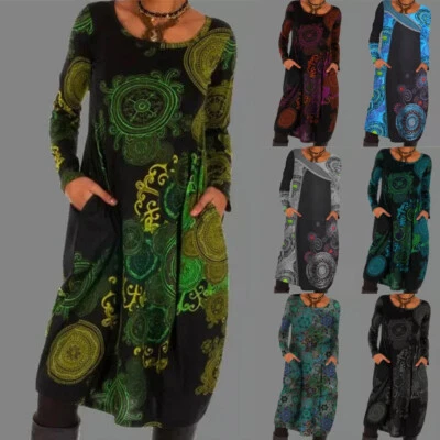 $26.39 • Buy Plus Size Womens Boho Holiday Long Autumn Ladies Gypsy Casual Printed Dress 8-26