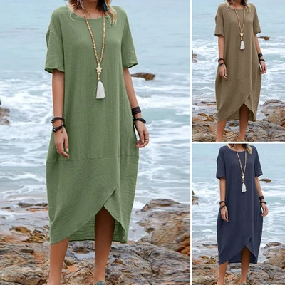 $25.70 • Buy ZANZEA Womens Short Sleeve Plain Irrregular Hem Knee Length Beach Mini Dress NEW