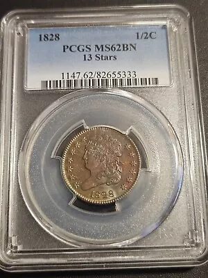 1828 Classic Head Half Cent * 13 Stars * PCGS MS62BN * Beautiful Rainbow Toning • $575