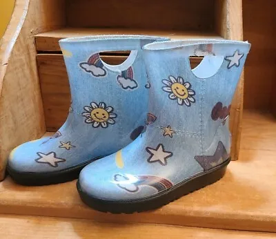 Ugg Kids Girls Raana Patches Denim Rain Boots 9 Daisy Rainbow Stars Butterflys • $22