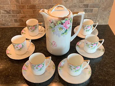 Nippon Chocolate Pot Set 6 Cups & Saucers Hand Painted Pink Roses Floral W/Gold • $139.99