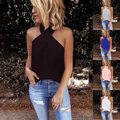 £2.99 • Buy Womens Halter Neck Tank Tops Vest Ladies Sleeveless Plain Summer T-Shirt Blouse