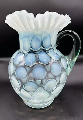 Vintage Fenton Vaseline Glass-Green Coin Dot Clear Handled Pitcher W/Crimped Rim • $83.99