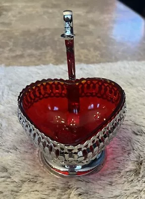 Vintage Heart RUBY RED GLASS CONDIMENT DISH W/Silver Basket No Spoon England • $19.95
