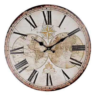 £15.99 • Buy 34cm Wooden Wall Clock - World Map Design Roman Numeral - Brown & Cream