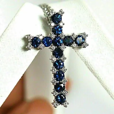 4Ct Round Lab Created Blue Sapphire Cross Pendant Necklace 14k White Gold Finish • $167.17