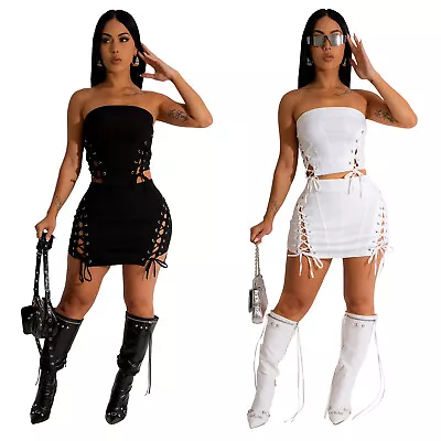 New Stylish Women Bandage Sleeveless Wrap Bodycon Solid Club Dress 2pcs Sexy • $28.86