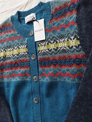 BNWT Brora Fair Isle Panel Wool Cardigan  - UK 10 - S Peacock • £69.80