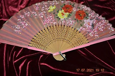 Vintage Hand Painted Roses Fan On Silk And Wood Marked Japan (4) • $14.99
