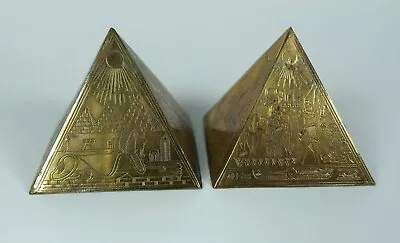 2 Vintage Polished Brass Etched Pyramid Egyptian Gods Hieroglyphics Paperweight • £24.99