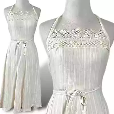 Vintage 70s Handmade Apron Wrap Dress Lace & Gauze Neutral Natural Free Size • $79.20