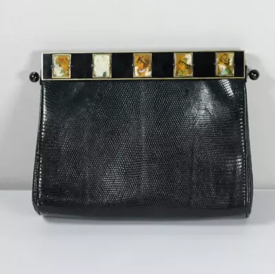 £43.67 • Buy Vintage ArtBag Creations Black Snakeskin Leather Clutch Bag Painted Ladies
