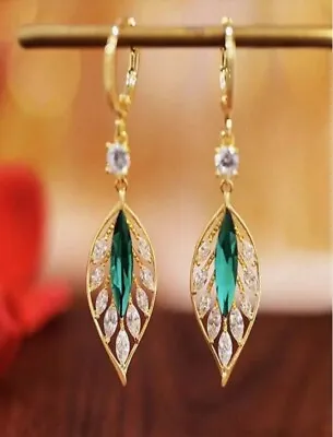 Women's Long Green Rhinestone Leaf Decor Dangle Drop Gold Metal Earrings Party • £4.79