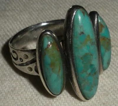 VINTAGE NAVAJO TURQUOISE STERLING SILVER RING GREAT STAMPWORK SIZE 7 Vafo • $99.99