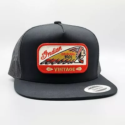 Indian Motorcycle Hat Indian Trucker Hat Black Hi-Crown Vintage Patch Snapback • $38