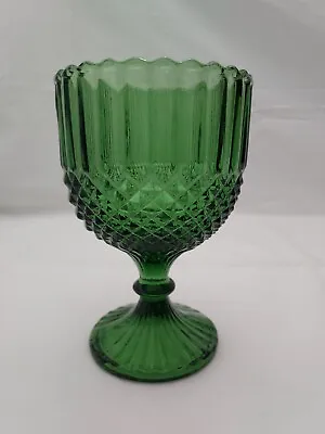 Vintage Emerald Green Glass Footed Goblet 6  Diamond Point Ribbed Sawtooth Rim • $12