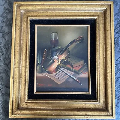 Frank Lean Signed Still Life Violin Oil Painting On Framed Canvas • $45