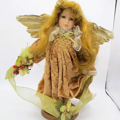 Porcelain Christmas Angel Doll With Stand Feather Wings 14 Rose Gold • $8