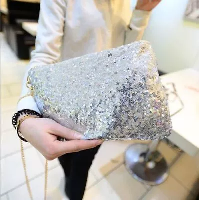 Ladies Handbag Solid Color Zipper Closure Sequin Decorative Shoulder Bag • $9.03