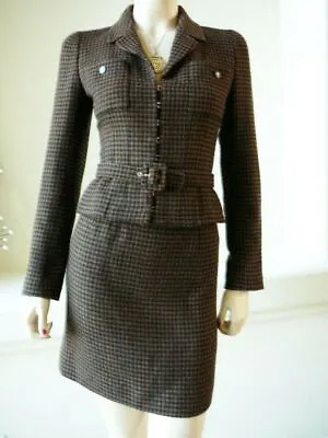 Chanel 96a 1996 Vintage 3 Piece Jacket Skirt And Belt Suits 34 Brown & Black Sm • $4448.52