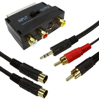 5M PC Laptop To TV Cable Kit S Video & 3.5mm Audio To 2 RCA Phono & Scart Lead • £12.99