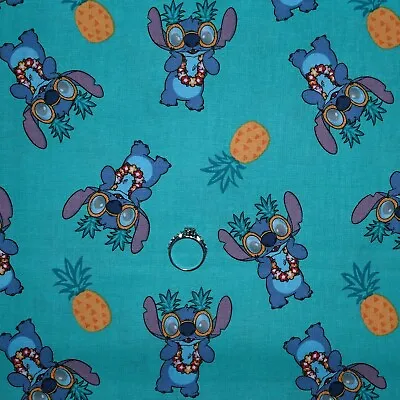 BonEful Fabric FQ Cotton Quilt Aqua Blue Disney Lilo & Stitch Pineapple Hawaiian • £4.89