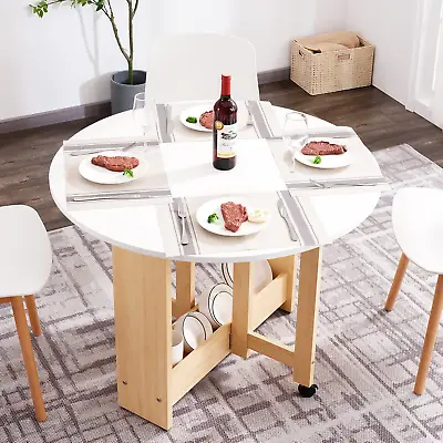 Round Drop-Leaf Folding Dining Table Multifunctional Convertible Pace Saving Ex • $367.48