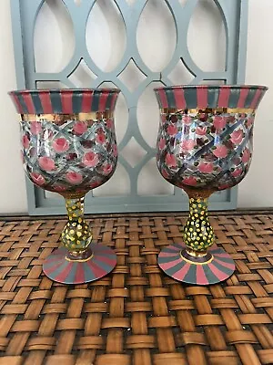 Pair MacKenzie-Childs Glass Circus Rose Handpainted Water Wine Goblets • $125