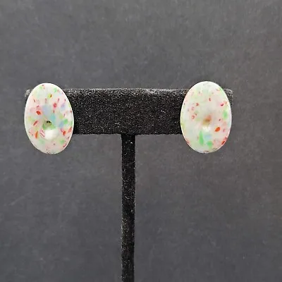 Vintage Clip On Earrings Green Pink Speckled White Art Glass Drop 7/8  • $12