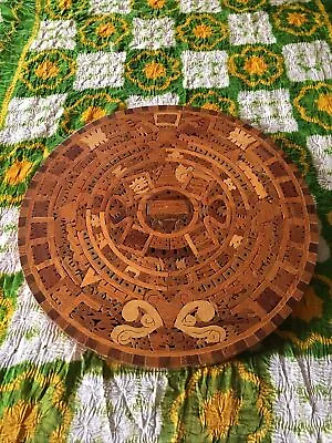 Aztec Mayan Calendar Mexico Carved Inlay Vtg Tropical Wood Art Vega Artesanias • $44.95