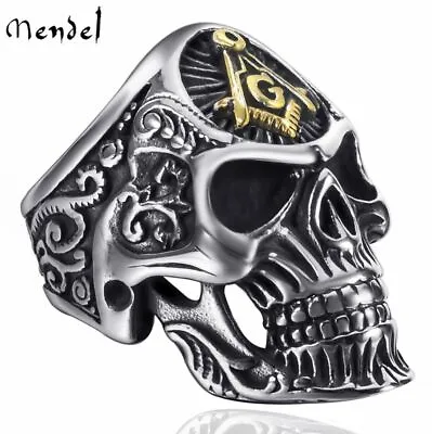 MENDEL Goth Mens Stainless Steel Punk Biker Masonic Skull Ring For Men Size 8-15 • $12.99
