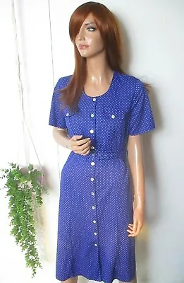 Vintage 1980s UK:12 Royal Blue Pin Dot Spotty Tea Dress 1940s Wartime Style • £14.99