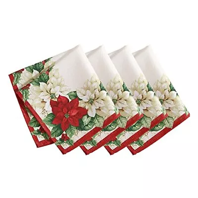 Elrene Home Fashions Red And White Poinsettia Holiday Fabric Dinner Napkins 1... • $16.17
