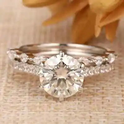 1.5 CT Round Cut & Marquise Moissanite Wedding Bridal Ring Set 14K White Gold • $465