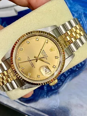 ✅ Rolex Datejust 16233 36mm  18k Gold Steel Watch Factory Diamond Dial For Men ✅ • $5850