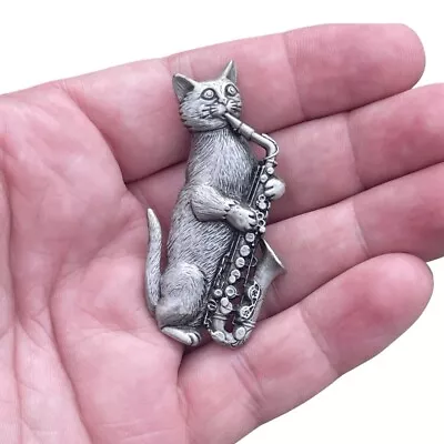 $16.96 • Buy Brooch JJ Jonette Jewelry Cat Saxophone Engraved Silver Tone Vintage