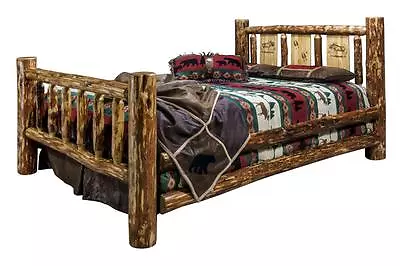 KING Log Bed Woodburning Laser Engraved Design Amish Made Rustic Lodge Beds • $1487.07