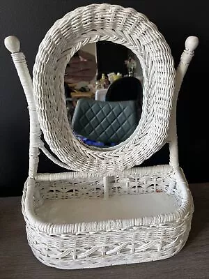 Vintage White Wicker And Wood Oval Mirror Table Top Swivel Vanity With Basket. • $48
