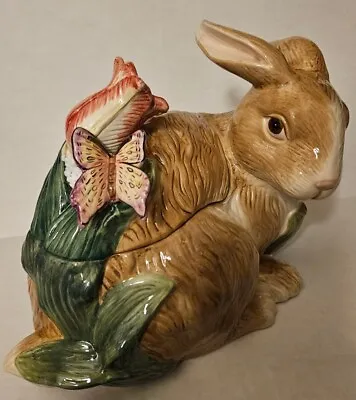 Ceramic Bunny Cookie Jar In Original Box  Butterfly & Flower Accent • $29.99