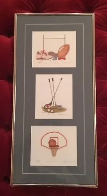 Set Of 3 Vintage Martha Hinson Prints SIGNED Golf Basketball Football FRAMED • $18.50