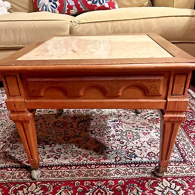 Vintage Travertine Marble Top Accent Side Table With Carved Wood Legs #1 • $135